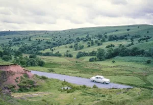 Ford Cortina 4 door Mk1, Mynydd Epynt, nr Builth Wells, Brecknockshire, Powys, Wales, UK, 1967