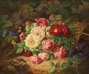 A forest floor with a still life of roses and butterflies