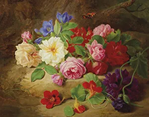 Forest floor with roses and a butterfly
