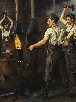 In the forge, three men at the forge forging iron