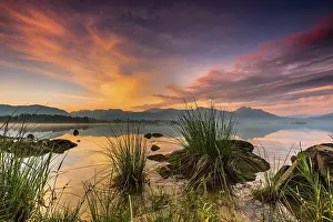 Category Scandinavia Prints: Forggensee with reflection of the cloudy sky and the Allgaeuer mountains in the background at sunrise