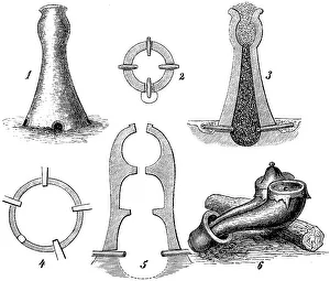 Forging iron in a clay furnace, two cross-sections and ground plans (1-3 and 4-5 Uganda) and bellows of the Bongo in Uganda, Iron Age in Northern Europe from about 750 BC to 1025 AD, in the Near East since about 1200 BC, archaeology, anthropology