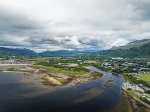 Fort William from a drone, River Lochy and Ben Nevis