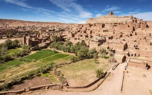 Fortified village, mud brick houses and palm trees