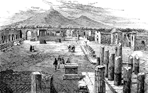 Forum of the city of Pompei buried by the eruption of Vesuvius in 79 AD, excavations, marketplace, columns, visitors, geography, Italy, historical illustration 1888, Europe