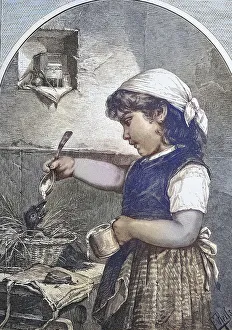 The Foundling. Girl feeding a young bird sitting in the nest