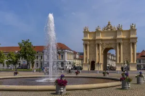 Fountain on Luisenplatz in front of Potsdam's Brandenburg Tor