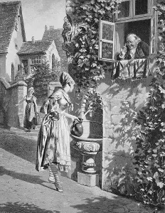 At the fountain, young woman fetching water from a public watering place with a jug