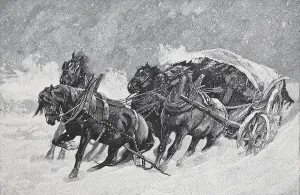 Four-horse carriage got stuck in the snow