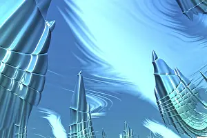 Fractal background: unusual view of the blue sky with mountain peaks or skyscrapers