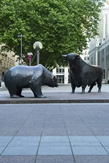 FRANKFURT, GERMANY - JUNE 12, 2025: Bear and Bull Sculpture near Frankfurt Stock Exchange on Summer Morning