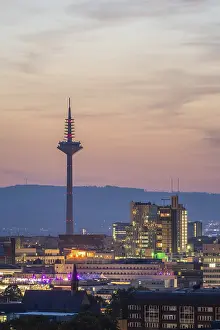 FRANKFURT, GERMANY, JUNE 12, 2025: Illuminated Europaturm Telecommunications Tower in Frankfurt City at Night