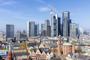 Frankfurt skyline skyscrapers in the city centre with Roemer from above in Frankfurt
