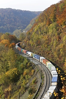 Freight train on rails, Geislinger Steige between Geislingen and Amstetten