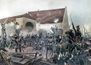 The French attacking a farm near La Haye-Sainte held by Anglo-German troops