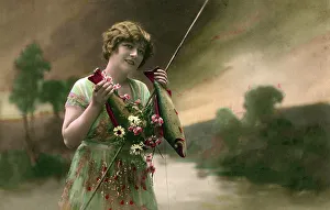 French card for 1st of April, woman with two fish