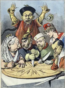 In this French political cartoon from 1898 a pastry representing China is being divided between caricatures of Queen