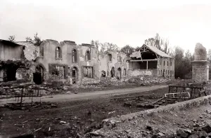 French village destroyed by mortar shells