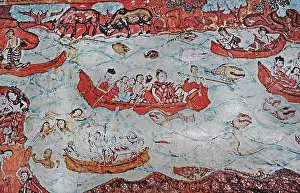 Framed Print : Fresco depicting Burmese ladies in the sea and in boats