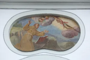 Fresco with Francis of Assisi on Mount La Verna Encounter with crucified Christ