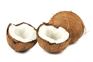 Fresh full and two halves of coconut isolated on white background