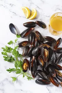 Fresh mussels scattered on the table