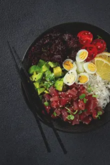 Fresh poke bowl with tuna, avocado