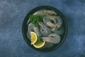 Fresh raw white-footed shrimp, tiger prawns vannamey
