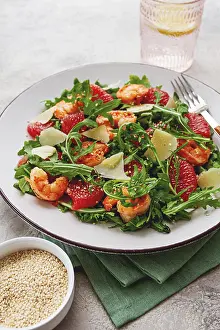 Fresh shrimp salad with arugula