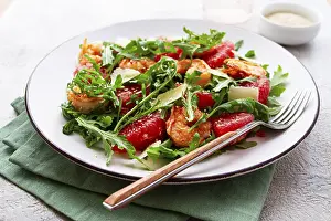 Fresh shrimp salad with arugula