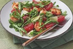 Fresh shrimp salad with arugula