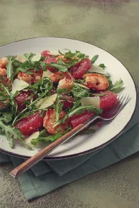 Fresh shrimp salad with arugula
