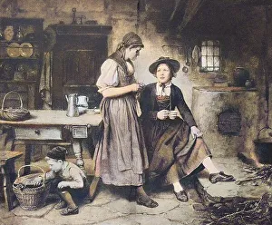Two friends talking in the kitchen while a boy lets a hen out of the basket