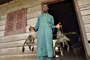 Frog catcher with live Goliath frogs (Conraua goliath)