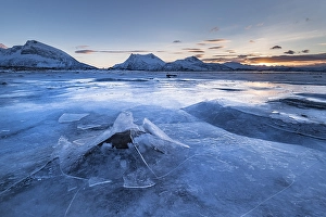 Frozen fjord with broken ice, ice landscape