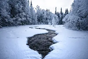 Frozen river flows through a snowy forest landscape under cloudy skies