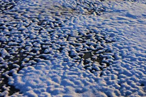 Frozen snow layer with irregular patterns in sunlight