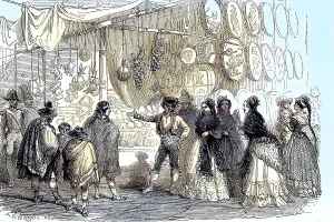Fruit merchants and nougat traders at Christmas 1880 on the Plaza Mayor in Madrid