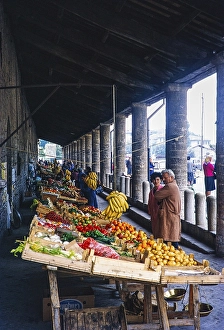 Fruit and vegetables at a street market in Gubbio, Umbria, Italy 1969