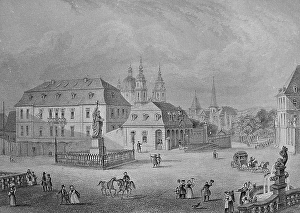 Fulda, monument, saint Winfried, Hesse, Germany, illustration, drawing, drawn, depiction, historical, historical quarter, town, old town, copper engraving, engraving, steel engraving, Europe