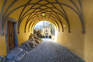 Fussen, Germany - December 27, 2016: Hohenschwangau Castle Schloss arch view and people