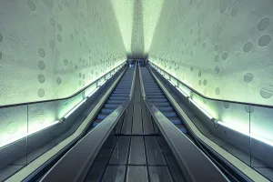 Futuristic-looking escalator in a symmetrical