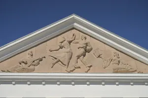 Gable, sandstone, relief, former cultural centre from GDR times