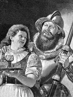 Gallant Landsknecht, trying to flirt with the waitress serving him a glass of wine in an inn