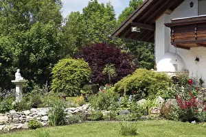 Garden landscape with shrubs, garden pond and Buddha statue