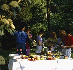 Garden party, food and drink, richly laid table