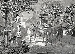 Garden scene, sedan chair, ancient Rome