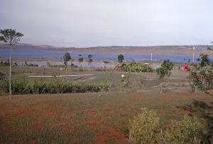 Gardens and view of the lake from the presidential palace, Palacio da Alvorada, Federal District, Brazil, 1962, South America