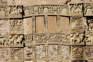 Gateway or torna of maha stupa no 1 with depiction of stories engrave decorations erected at Sanchi