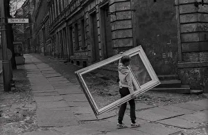 GDR, Berlin, 2. 4. 1988, child with window frame in Choriner Strasse